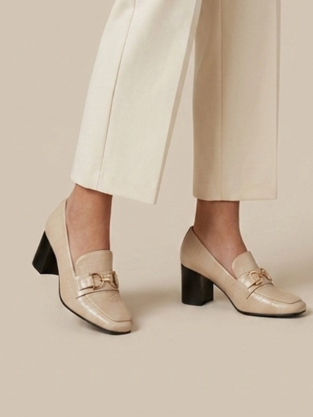Liz Claiborne Beige Croc-Embossed Block Heel Loafers with Gold Bit